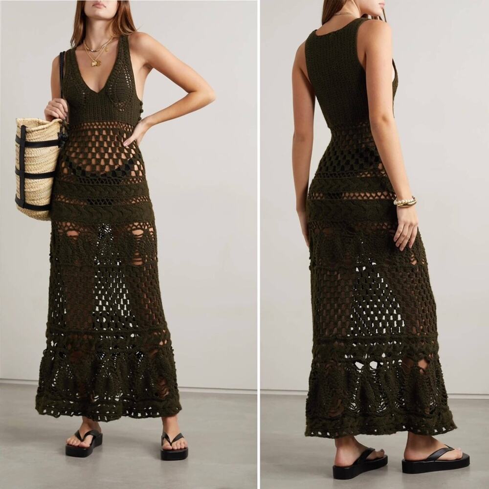 Ulla Johnson Dress Green Size Small Alexis Tiered Merino Wool Crocheted Midi